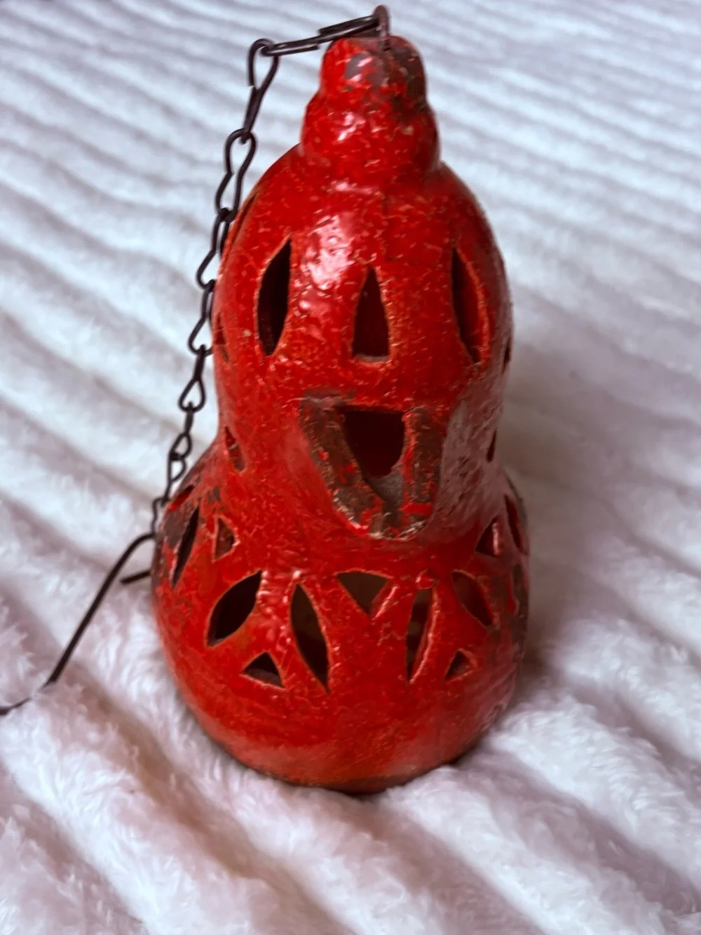 Rustic Red Pottery Lantern Candle Holder Hanging Tea Light Decor